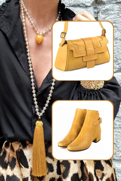 Mustard yellow women's ankle boots with buckles at the back. Round toe. Low block heels. Top view - Florence KOOIJMAN